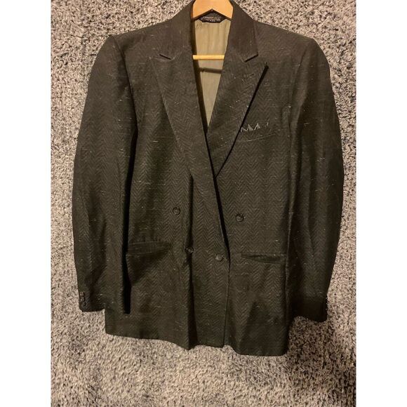 Vintage Falcone Men's Black Double-Breasted Tuxedo Suit Herringbone - Picture 1 of 13